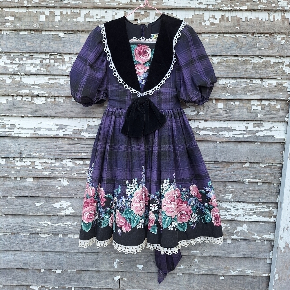 Vintage Daisy Kingdom Purple Plaid Dress with Floral Design Size 6